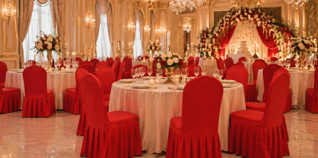 Chairs at a lavishly decorated wedding banquet venue
